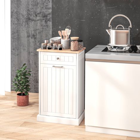 Buffet de cuisine blanc avec support pour poubelle 38 L et tiroir, meuble de rangement fonctionnel pour la cuisine (1/5)