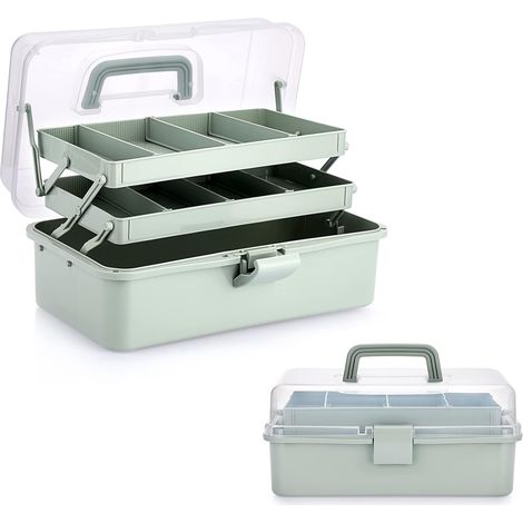 Caja de almacenamiento de plástico de tres capas con divisores ajustables, asa portátil, multiusos para el hogar, medicamentos y artículos de costura. Color verde. (1/5)