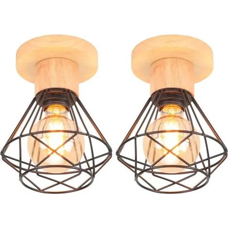 2PCS Plafonnier Industriel, 16CM Vintage Luminaire E27 Rétro Lustre Suspension en Fer et Bois Cage Design Noir pour Entrée (1/4)