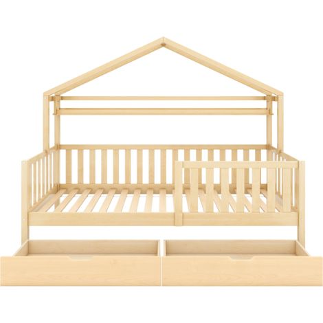 Letto a casetta per bambini 90x200 in legno naturale con 2 cassetti, rete a doghe, pino e MDF (1/5)
