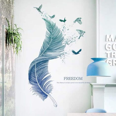 Stickers muraux PLUME en bleu (124×72 cm) I décoratifs sticker mural Oiseaux Poster moderne I Déco pour salon chambre cuisine couloir meubles bains carrelage adulte ado enfant (1/5)