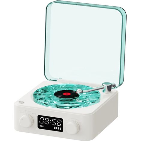 Enceinte Bluetooth portable en vinyle blanc vintage avec affichage lumineux et horaire (1/5)