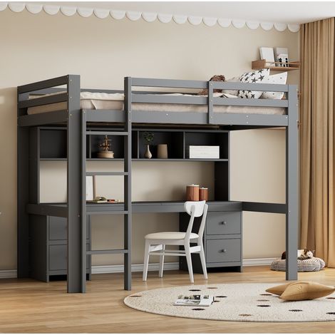 Hochbett modern 90x200 cm mit Schreibtisch, 4 Schubladen und Regalfächern, Kiefer massiv & MDF, Grau (1/5)