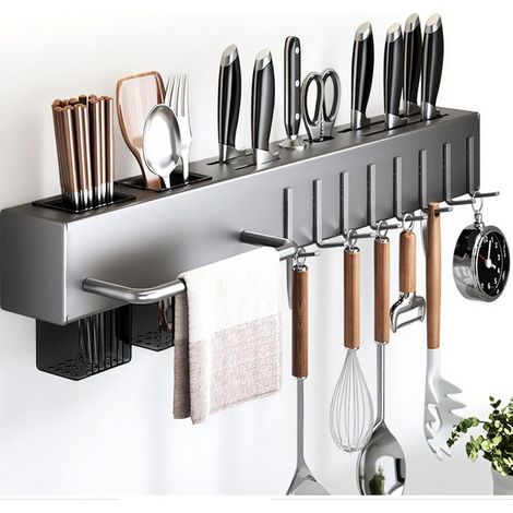 Porte-couteaux mural sans perçage, étagère de cuisine multifonctionnelle avec crochets, support à couteaux avec porte-couverts,(Gris - 50 cm)