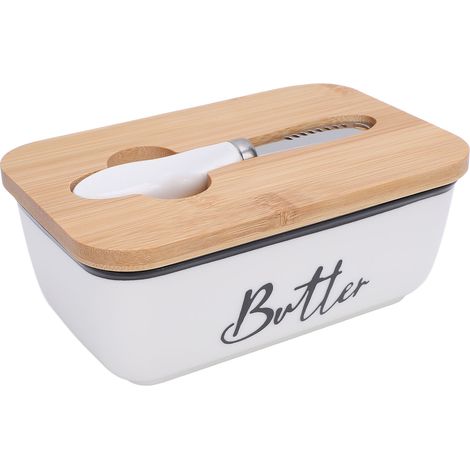 Burriera rettangolare in ceramica con coltello multifunzionale, burriera in stile occidentale, tagliere per formaggi e burro con bordo colorato, bianco