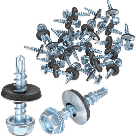25-Pack Vis Auto-Foreuses Avec Joint En Caoutchouc ST4.8 x 25mm En Acier Carbone Zingué À Tête Hexagonale Vis Auto-Taraudeuses Pour Toiture Métallique/Panneaux De Bardage (1/5)