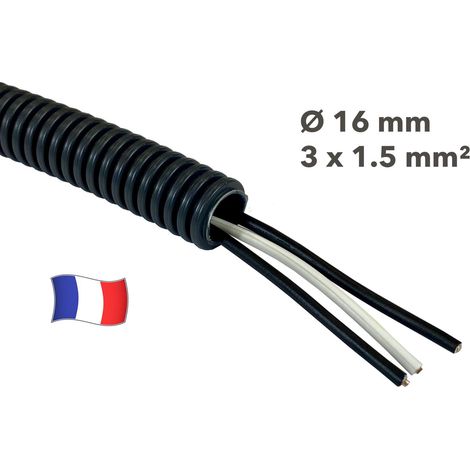 Gaine électrique préfilée 30 mètres diam 16 avec 3 fils Noir, Noir, Ivoire 1.5 mm² - PREFA ELEC (1/2)