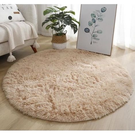 Tapis rond poils longs – 120 cm – Beige – Doux et moelleux – Pour salon et chambre
