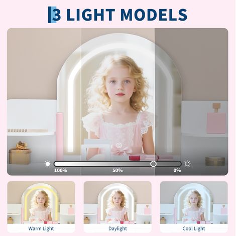 Prinzessinen Schminktisch aus Holz – Weiß – Mit LED-Spiegel (3 Lichtmodi), Hocker, Regalen & Schublade – Für Mädchen ab 3-9 Jahre – Für Kinderzimmer, Spielzimmer