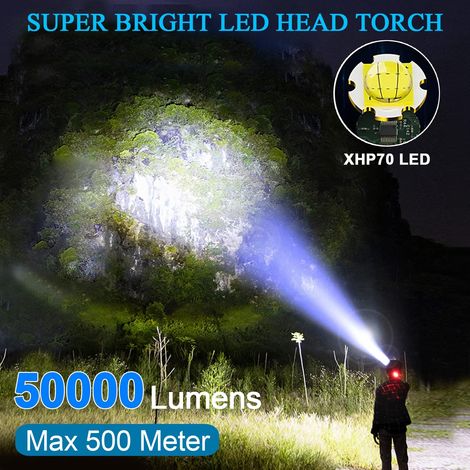 Lampada frontale a LED ricaricabile, torcia ultra potente da 50000 lumen, lampada frontale a LED XHP70.2 3 modalità, 5600 mAh USB-C, zoomabile, lampada frontale IP65 per campeggio, pesca, escursionism (1/4)