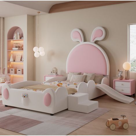 Letto per bambini imbottito con scivolo e scaletta, testiera con orecchie di coniglio, PU bianco e rosa, 90x200 cm (1/5)
