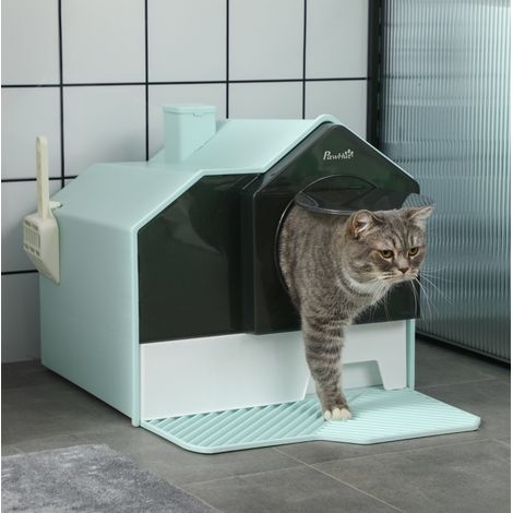 Bac à litière fermé pour chat, design cabane, tapis tamis, pelle, bac amovible, vert, OKWISH (1/5)