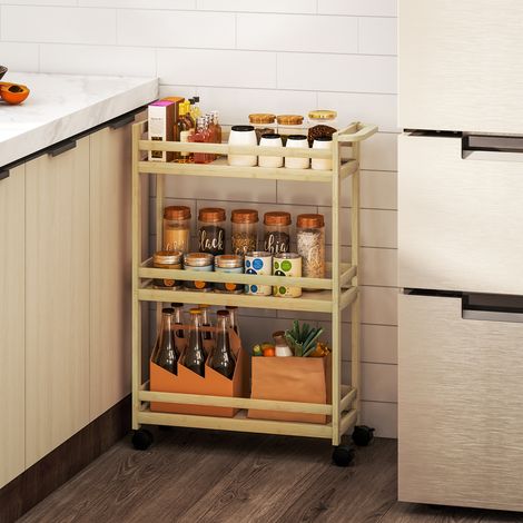 Estantería de Baño de Bambú de 3 Niveles Carrito Auxiliar de Almacenaje con Ruedas 55x20x75 cm Natural (1/5)