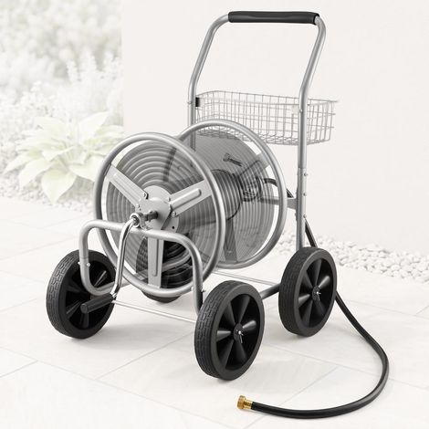 Pour Déplacer et Ranger un Long Tuyau : Chariot Dévidoir en Acier, 4 Roues PVC 250 mm avec Panier pour Arrosage Extérieur (1/5)