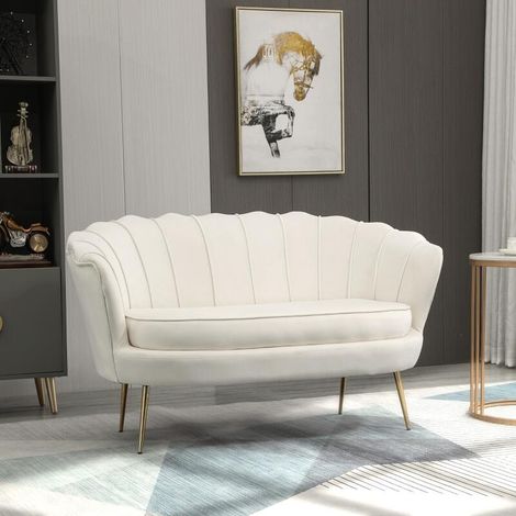 Canapé deux places de style rétro, meuble rembourré, texture velours, supporte jusqu'à 150 kg, beige/doré. (1/4)