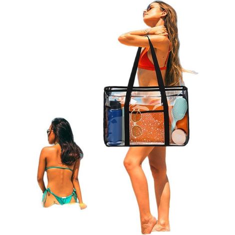 sac transparent plage ent pour femme, fermeture éclair imperméable et résistant au sable porté épaul (1/5)