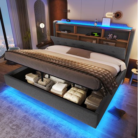 Cama tapizada 180/200 cm gris con arcón hidráulico, LED y puertos USB/Type-C (1/5)