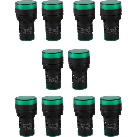 Lot de 10 voyants lumineux LED verts AC220V de 22 mm de diamètre (1/5)