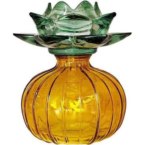 Bougeoir en Verre Jaune et Vert - Photophore Décoration Intérieure - 12 x 12 x 14,3 cm - PANGIVO