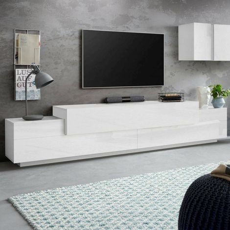 Meuble TV, Buffet Bas de Salon, Base pour Meuble TV, 240x45h52 cm, Blanc Brillant (1/5)