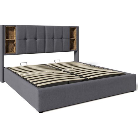 Cama doble 160x200 cm gris de algodón con almacenaje, carga inalámbrica, USB y USB-C (1/5)