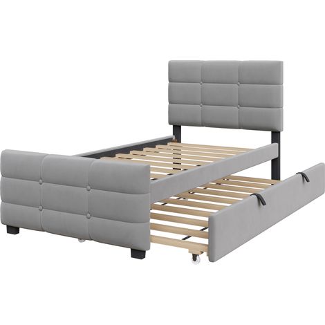 CAIziLit rembourré 90x190 cm avec lit gigogne, velours gris doux (1/5)