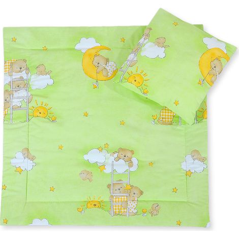 Parure de lit pour poussette avec garnissage, couette et oreiller - Ours en peluche sur fond vert