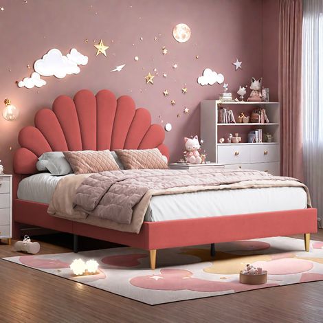 Tanant – Lit double 140x190 cm – Lit princesse avec tête de lit pétale – Sommier à lattes – Velours rouge haricot – 12 lattes renforcées pour confort optimal
