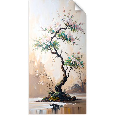 Selbstklebendes Poster – Wandsticker Bonsai-Baum Weiße Blumen Zweige 50x100 cm (1/3)