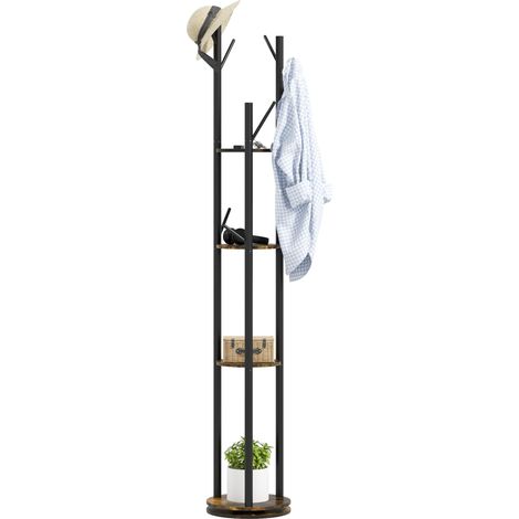 Appendiabiti da Terra Girevole con 8 Ganci e 4 Mensole in Stile Industriale, Ø30x175cm, Marrone