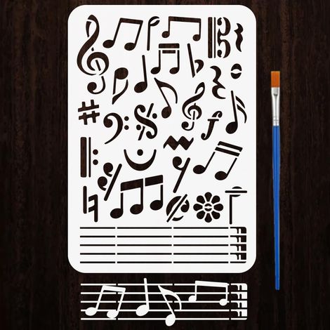 Pochoirs de Symbole Musical avec un Pinceau 29,7x21cm Pochoirs Peinture Partition Musicale Pochoir Motif Notes Musique Gabarit Thèmes Musicaux PET pour Bois Sol Carrelage Mur Tissu DIY (1/5)