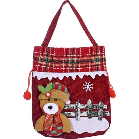 Sac Cadeau De Noël - Sac À Cordon En Polyester - Motif 3D Père Noël Bonhomme De Neige Renne Ours - Pour Bonbons Et Petits Cadeaux - 1 Pièce (1/5)