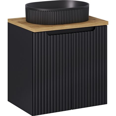 Waschtisch 60cm, in schwarz mit Eiche, gerillte Front, NEWPORT-56-BLACK (1/5)