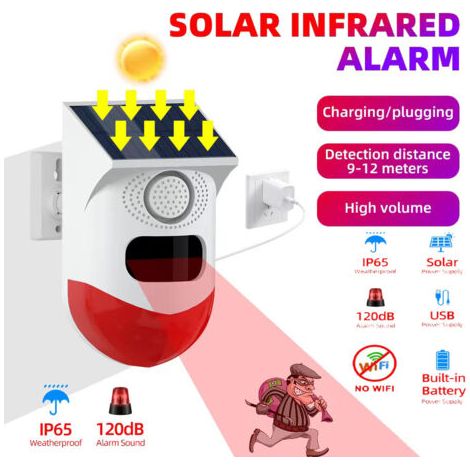 Allarme a infrarossi ad energia solare con segnale acustico e visivo, rilevamento di presenza e luce stroboscopica da 120 dB, ideale per case, fattorie, stalle, ville e giardini.