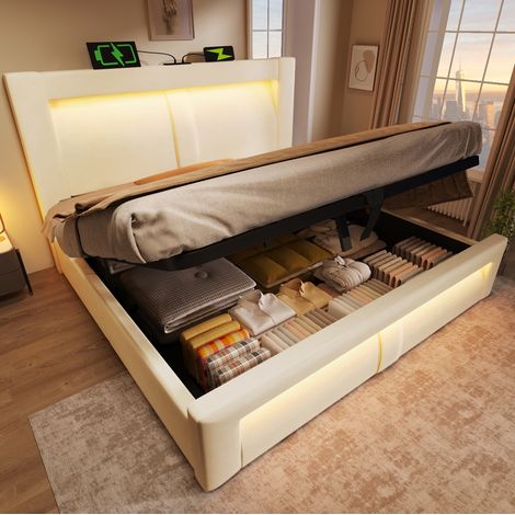 Letto matrimoniale contenitore 217x183x107 cm, con LED integrati, prese USB e Type C, velluto beige (1/5)