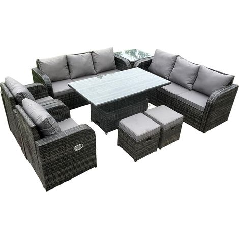 Fimous Meubles de jardin d'extérieur en rotin Set de table à manger réglable en hauteur Set de canapé avec chaise longue Table d'appoint 2 petits repose-pieds gris foncé Mix (1/5)