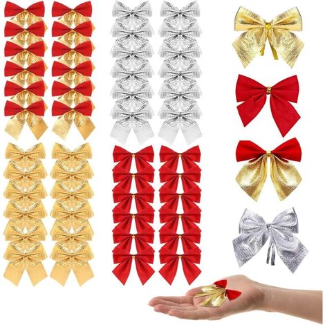 48er-Pack Weihnachtsschleifen, Weihnachtsbaumschmuck, Geschenkverpackung, Bastelbedarf (4 Farben) (1/4)