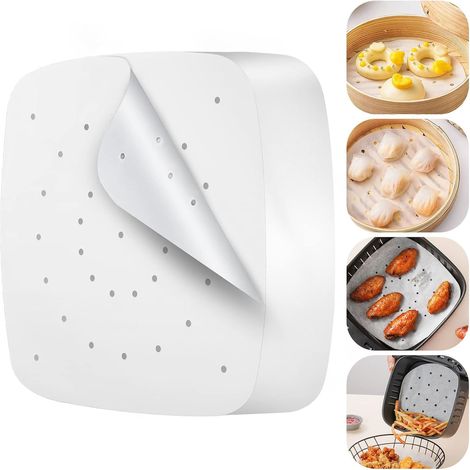 200 feuilles de papier de cuisson pour friteuse de 21,5 cm, papier vapeur carré, papier perforé pour friteuse, papier antiadhésif jetable pour barbecue, cuiseur à riz, cuiseur à vapeur, friteuse