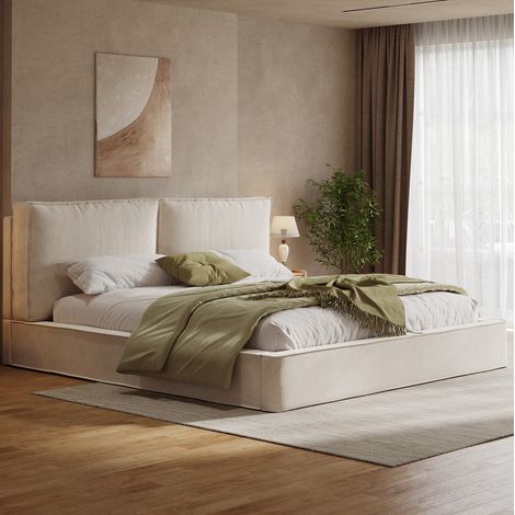 Lit 180x200 avec sommier, tête 105 cm Chenille Beige HAVRYA (1/5)