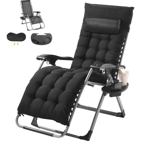 Fauteuil Inclinable Zéro Gravité, 645 mm, Transat Relax Jardin pour Intérieur Extérieur, Chaise Longue Anti-gravité Réglable avec Coussin, Appui-tête, Repose-pieds, Porte-gobelet, 226,8 kg, Noir (1/5)