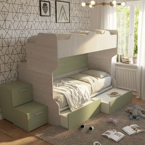 Letto a castello salvaspazio con scala a cassettoni e camminatoio - Bianco e Salvia
