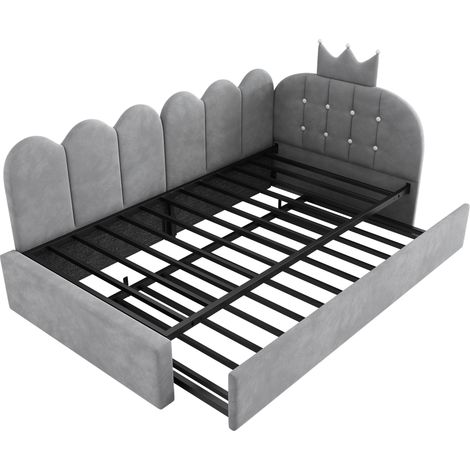 Lit de jour avec lit gigogne 90 x 200 cm, velours gris, design couronne et grille, MODENUIT (1/5)