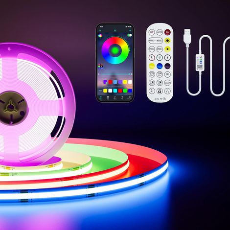 Ruban LED COB 2m, USB 5V 1200LEDs avec contrôleur Bluetooth Smart APP Multicolore Bande Lumineuse LED Flexible pour Chambre, Bar, TV, Cuisine, Fête, Décoration de Bricolage (1/5)