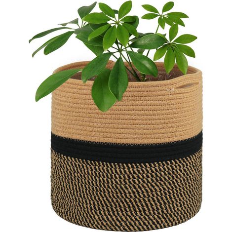Pflanzkorb 30cm aus Baumwolle mit Einsatz, Aufbewahrungskorb für Zimmerpflanzen, Schwarz/Braun (1/5)