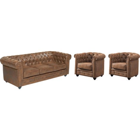 Divano 3 posti e 2 poltrone CHESTERFIELD in microfibra effetto cuoio invecchiato