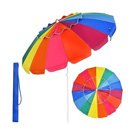GOPLUS Parasol de Plage D222xH185CM Tête Inclinable avec Auvent/Sac/Bord Rabattu-16 Baleines en Fibre Verre-Pointe en Vrille-Multicolore (1/5)