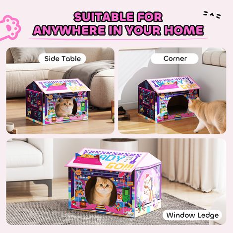 FLITI 2-in-1 Cardboard Cat House with Scratching Post and Catnip, Pink, 45x32x35 cm for Cats Under 4 kg (1/5)