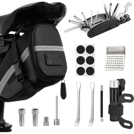 Kit de réparation de vélo avec Sacoche de Selle, Outil Multifonction 16 en 1 + Mini Pompe à air 120 psi, kit d'outils de réparation d'urgence pour vélo, VTT (1/5)