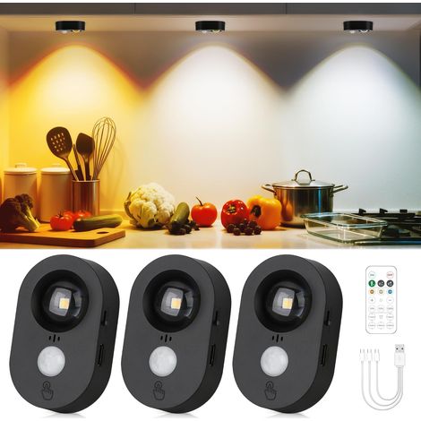 3 unidades – Luces LED tipo disco con sensor de movimiento – Recargables, regulables, adhesivas, blanco cálido, negro (1/4)