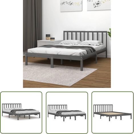 The Living Store Cadre de lit sans matelas bois massif de pin gris 200x200 cm - Cadre De Lit - Lit Double - Lit En Bois - Lit Avec Têtière - Meubles Chambre (1/5)